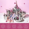 Paris Hilton Stainless Steel Pots and Pans Set with Stay-Cool Pink Handles, Tempered Glass Lids, Bonus Heart Shaped Measuring Cups and Spoons, Dishwasher Safe Cookware, 10-Piece Set