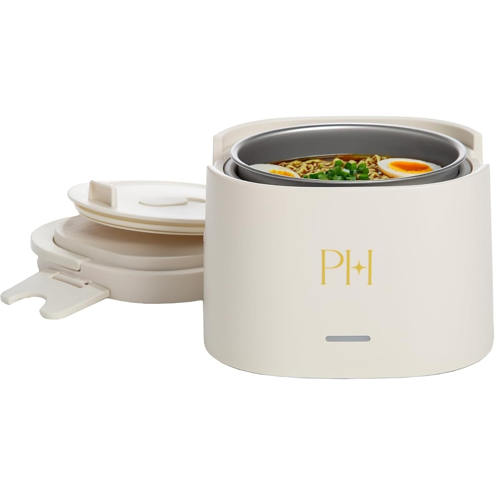 image:imageParis Hilton Electric Lunch Warmer 20Ounce Stainless Steel Portable Food Container With Sealing Lid Removable 25Cup Inner Dish Gingham Front Design PinkCream