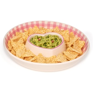 Paris Hilton Chip and Dip Serving Tray, Finely Crafted Stoneware with Heart-Shaped Dipper, Gingham Design, Microwave and Dishwasher Safe, 12-Inch, Pink(Gingham Pink)